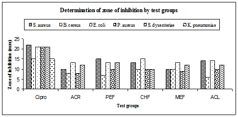 Antibacterial activity by Kaempferia galanga. Klebsiella pneumoniae was not inhibited by any of the extracts. ACR =Acetone extract of rhizome, PEF= Petroether fraction of rhizome, CHF=Chloroform fraction of rhizome MEF=Methanol fraction of rhizome and ACL=Acetone extract of leaf, Cipro = Ciprofloxacin.